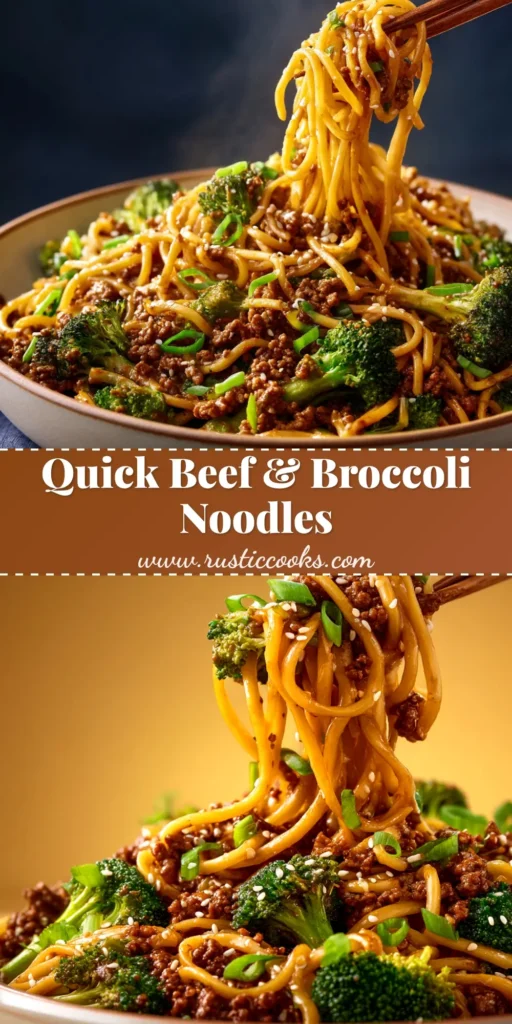Ground Beef and Broccoli Noodles (Ready in 20 Minutes!) 3 A close-up shot of a white bowl filled with delicious Ground Beef and Broccoli Noodles, garnished with sesame seeds.