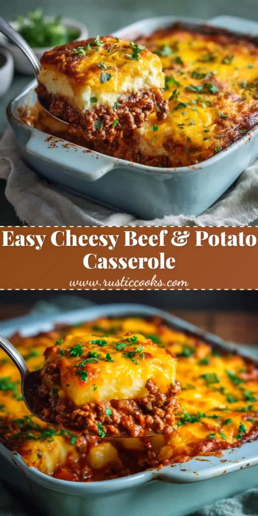 Ground Beef and Potato Casserole (The Ultimate Comfort Food) 3 A delicious and hearty Ground Beef and Potato Casserole in a white baking dish, ready to be served. A perfect family dinner recipe.