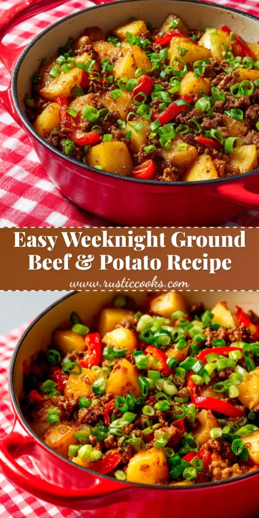 An overhead shot of a skillet full of cheesy ground beef and potatoes, ready to be served. This easy one-pan dinner is perfect for a weeknight meal.