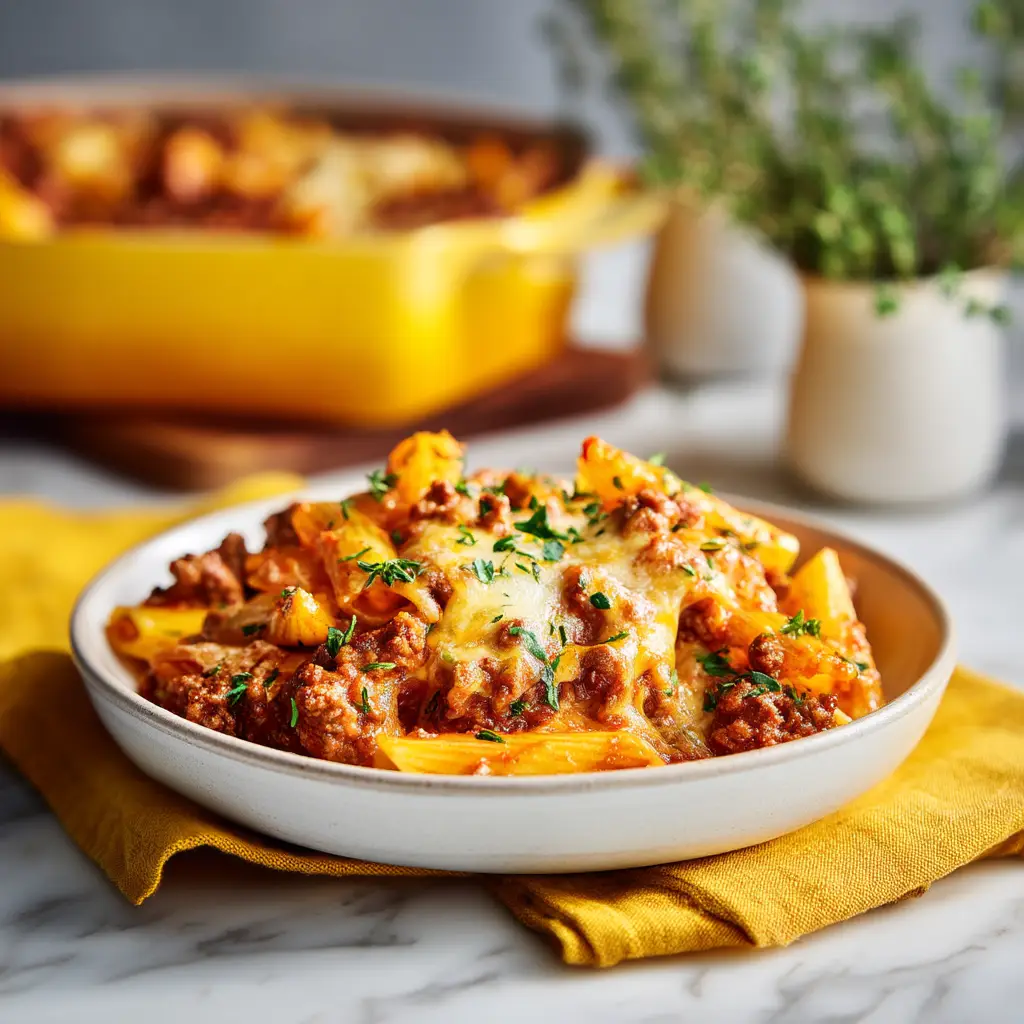 Ground Beef Casserole: The Ultimate Cheesy Comfort Meal 1 A scoop of the cheesy ground beef and pasta casserole on a white plate, ready to eat.