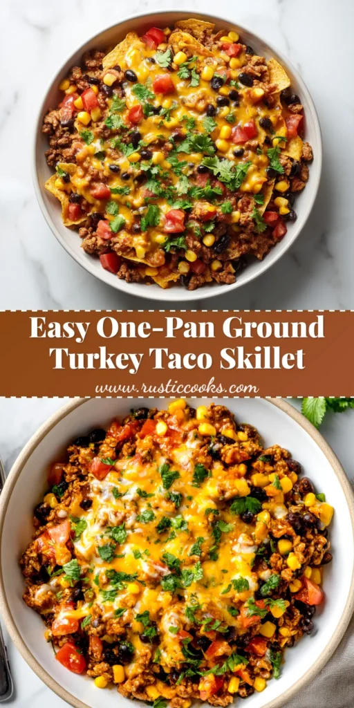 Ground Turkey Taco Skillet: Your New 30-Minute Dinner Hero 3 An overhead shot of the finished Ground Turkey Taco Skillet in a cast iron pan, topped with melted cheese, fresh cilantro, and a dollop of sour cream.