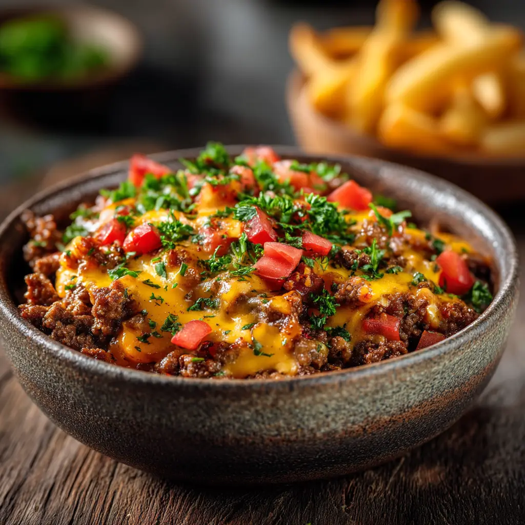 A vibrant and healthy burger bowl filled with seasoned ground beef, fresh lettuce, tomatoes, and red onions.