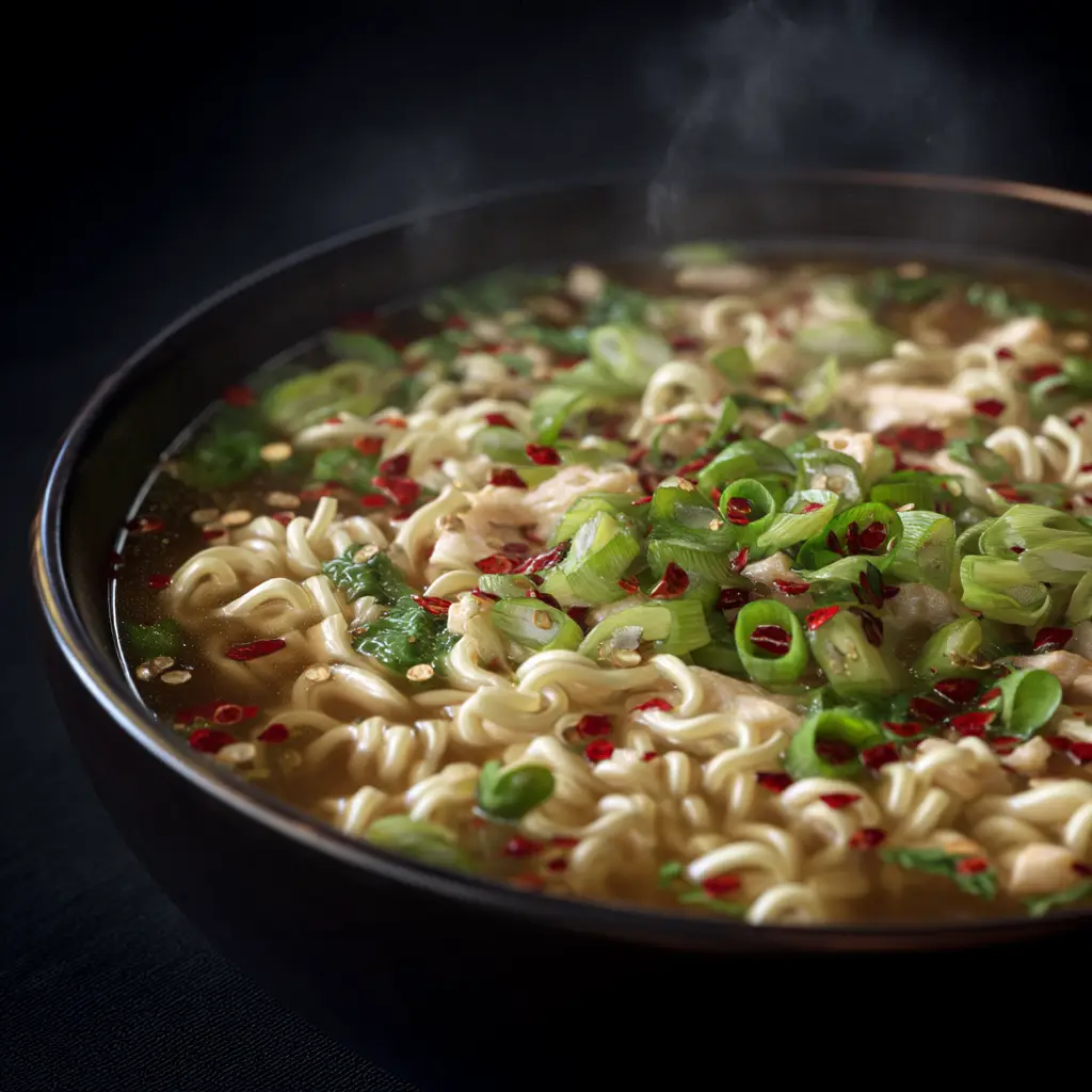 An extreme close-up of steaming hot healthy chicken soup, showing tender shredded chicken, sliced carrots, and celery in a rich, flavorful broth.