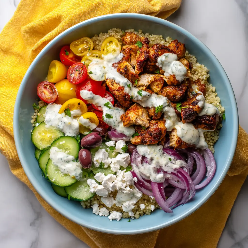 A close-up shot of a healthy Greek chicken bowl with fresh vegetables and feta cheese, ready to be eaten.