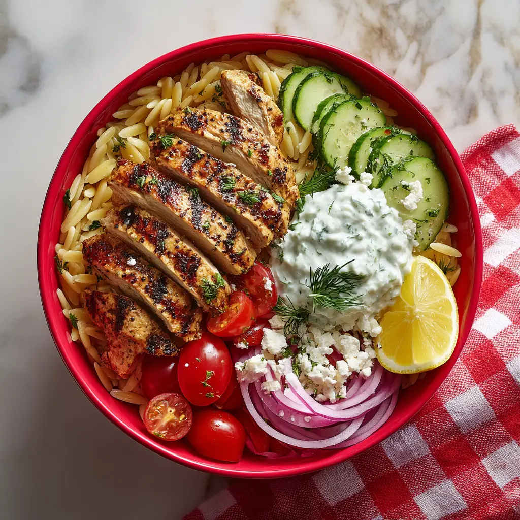 Greek Chicken Bowls (Easy & Flavorful!) 2 A close-up of a healthy Greek chicken bowl, highlighting the juicy marinated chicken pieces and fresh, crisp vegetables.