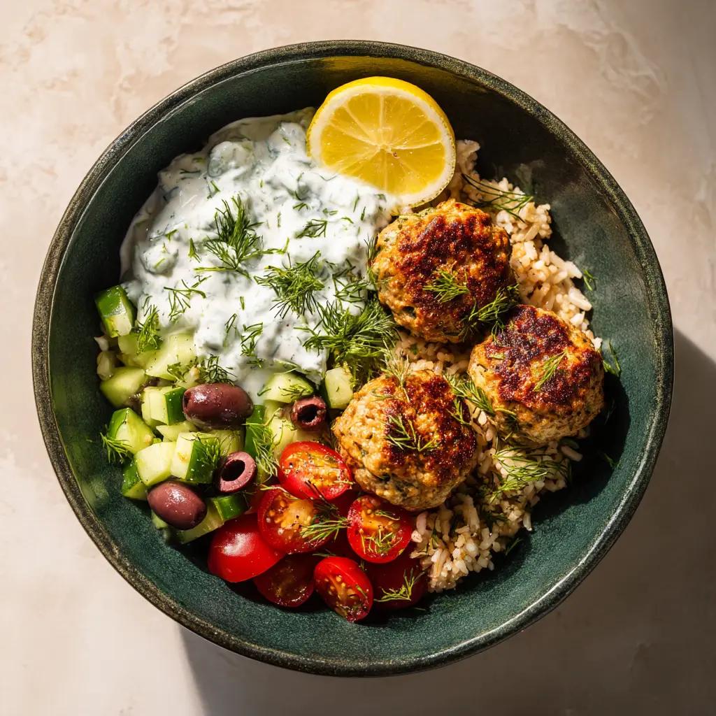 Greek Turkey Meatball Bowls: A Quick & Healthy Meal 2 A close-up view of a healthy quinoa bowl topped with turkey meatballs, fresh tomatoes, cucumber, and red onion.