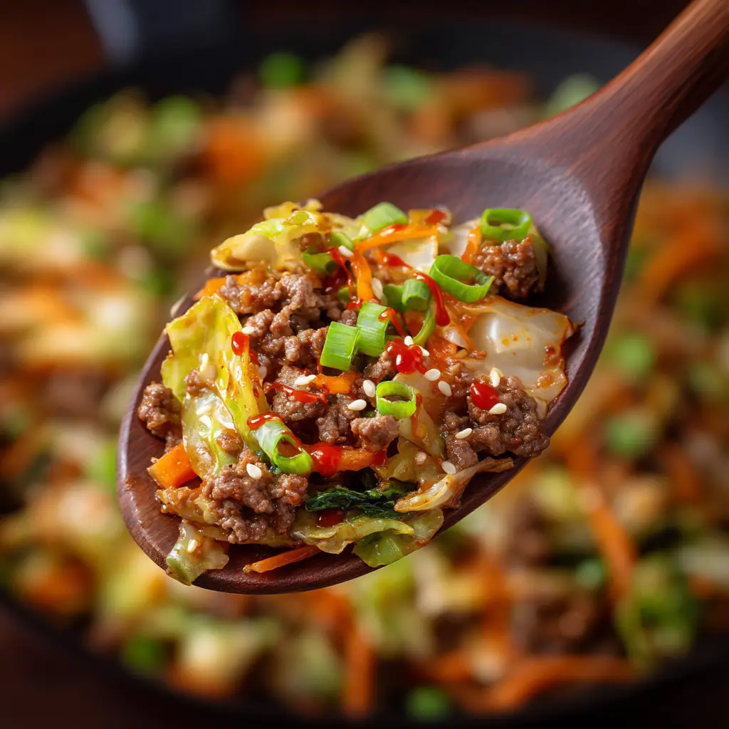 An extreme close-up of a serving of healthy ground beef stir fry with cabbage in a white bowl, showing the texture of the meat and vegetables.