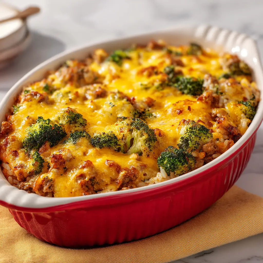 A close-up spoonful of the healthy ground turkey rice casserole, showing the creamy texture and melted cheese.