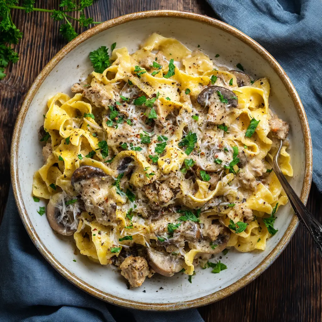 Ground Turkey Stroganoff: A Quick & Creamy Weeknight Delight 2 A close-up overhead shot of healthy ground turkey stroganoff in a skillet, showing the rich texture of the mushroom and sour cream sauce.