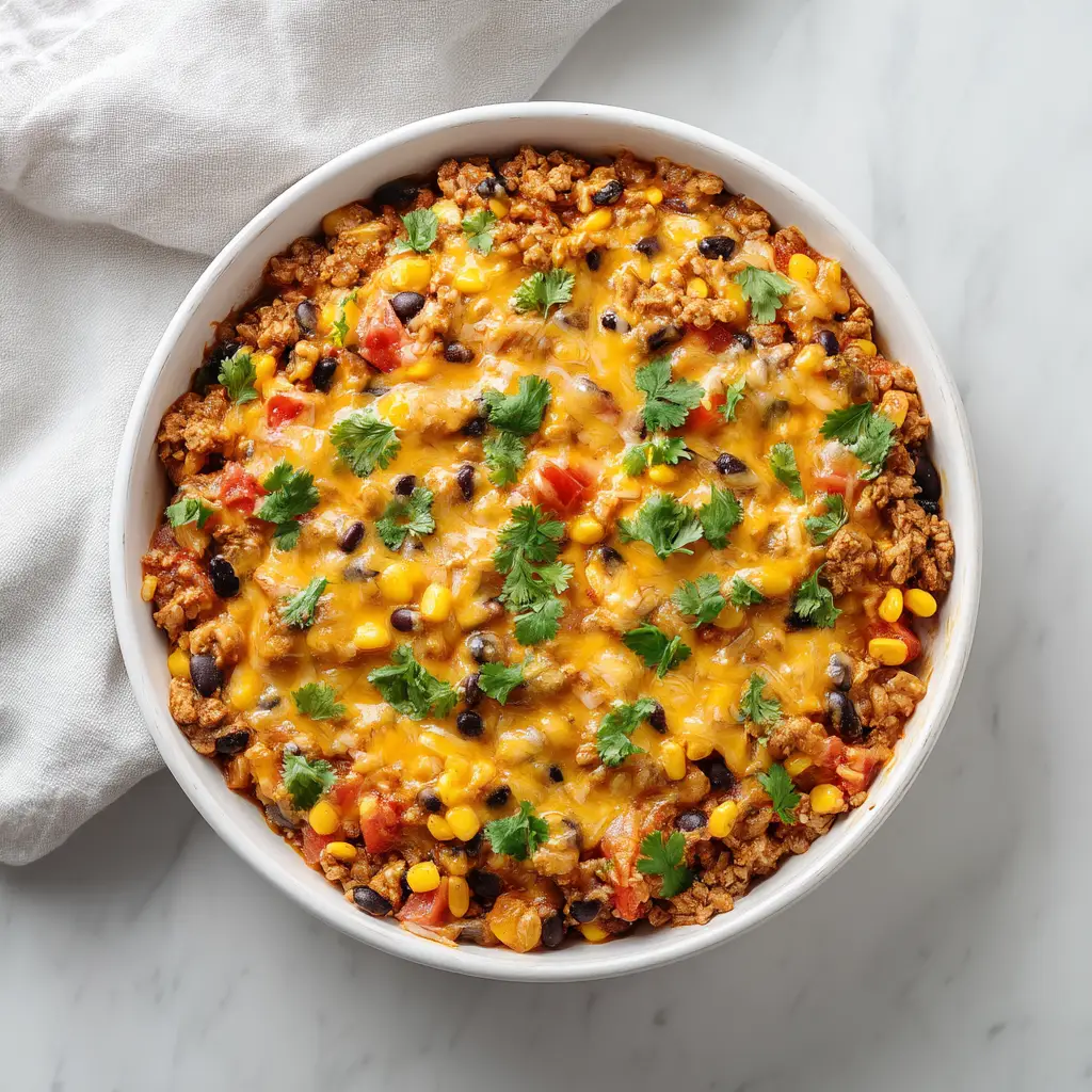 A close-up view of the savory ground turkey taco skillet simmering with corn, black beans, and peppers before the cheese topping is added.