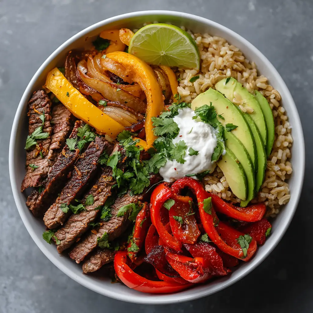 Steak Fajita Power Bowls: Your Ultimate Healthy Meal Prep 1 A close-up of the juicy, sliced steak and caramelized vegetables in a healthy steak bowl.