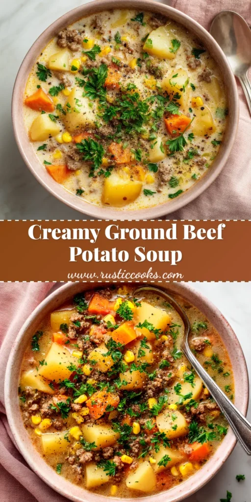 A large white bowl filled with creamy ground beef potato soup, garnished with fresh parsley. A spoon rests in the bowl, ready to eat.