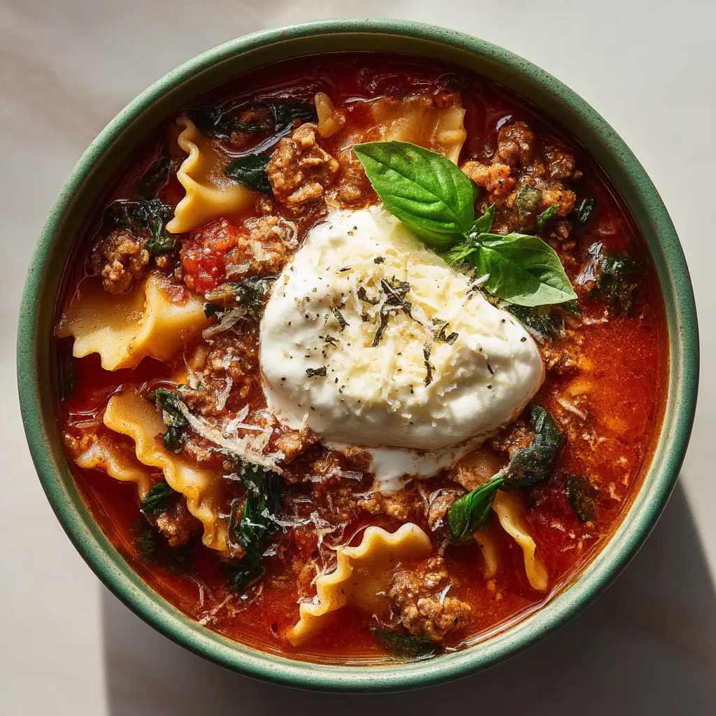 A close-up of a spoonful of hearty lasagna soup being lifted from a bowl, with melted mozzarella and ricotta visible.