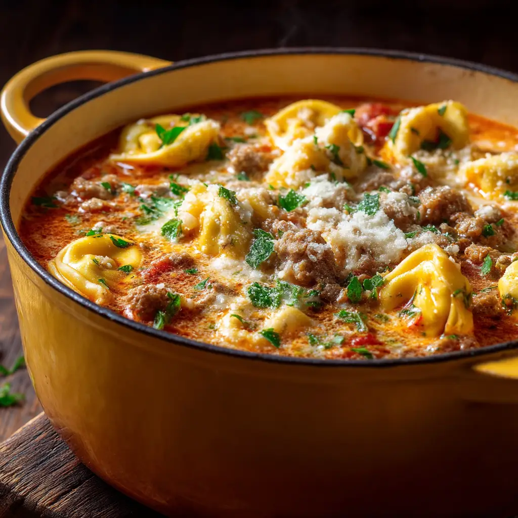 Lasagna Soup Recipe (The Ultimate One-Pot Comfort Meal) 1 A spoonful of hearty lasagna soup being lifted from a bowl, showcasing the Mafalda pasta, sausage, and cheesy ricotta topping.