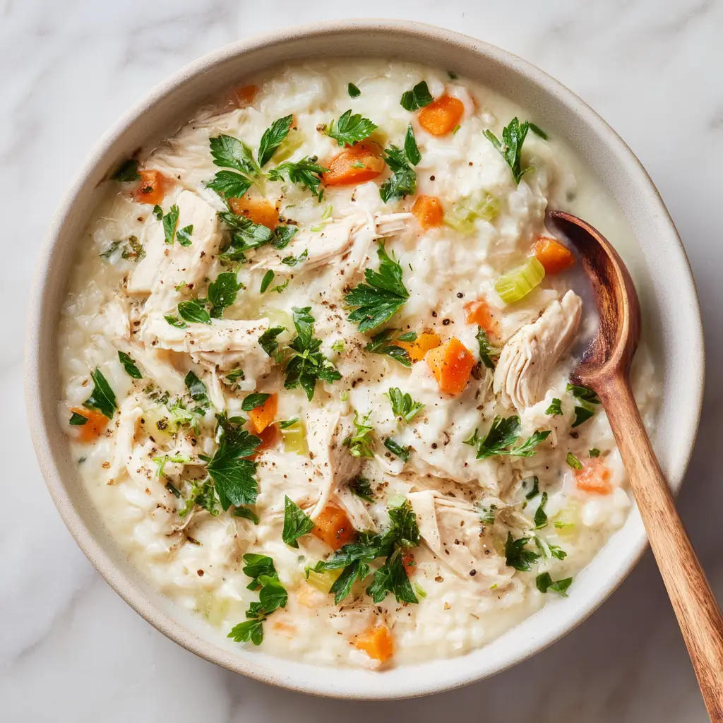 An overhead view of a pot filled with hearty chicken and rice soup, showing the creamy broth and vegetables.