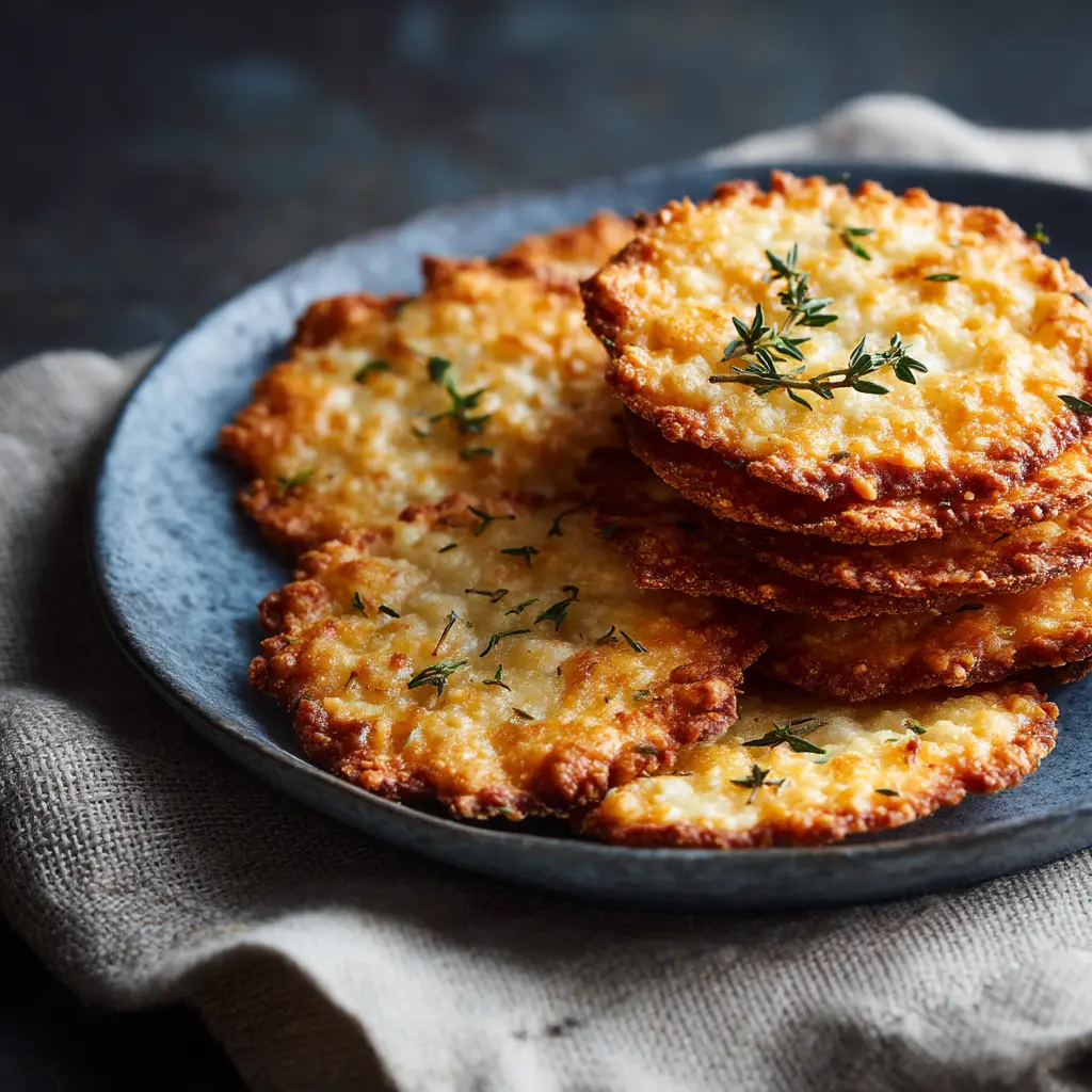 A batch of golden brown, crispy cottage cheese crackers spread on a rustic wooden board, ready to be eaten.