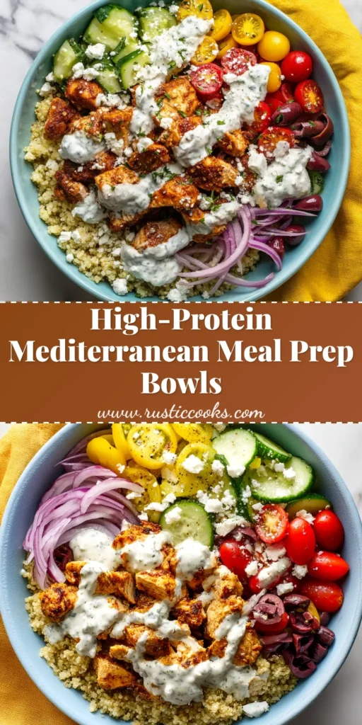 A vibrant overhead shot of High Protein Mediterranean Chicken Bowls, showcasing grilled chicken, quinoa, fresh cucumbers, tomatoes, and a creamy tzatziki sauce.