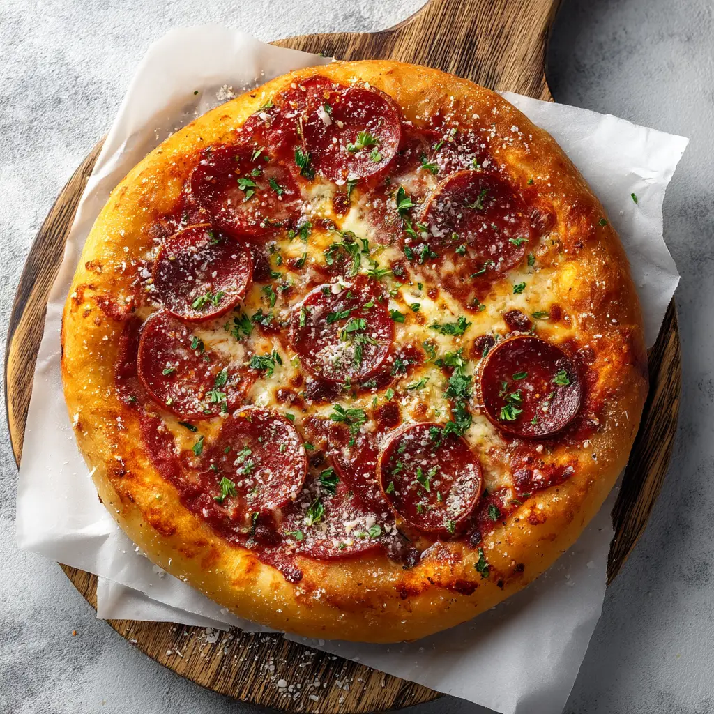A close-up overhead shot of a personal-sized high-protein pizza base made from cottage cheese, baked to a perfect golden-brown on parchment paper.