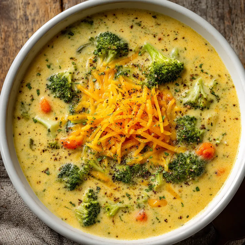 An overhead close-up shot of a thick and creamy broccoli cheese soup in a rustic bowl, showcasing the melted cheddar and tender broccoli pieces.