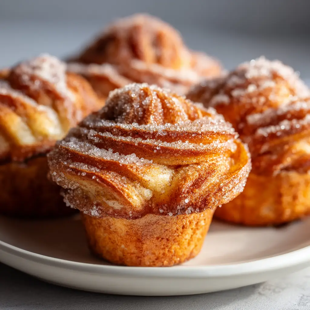 A close-up shot of several freshly baked Churro Cruffins, showcasing their flaky layers and sparkling cinnamon sugar coating.