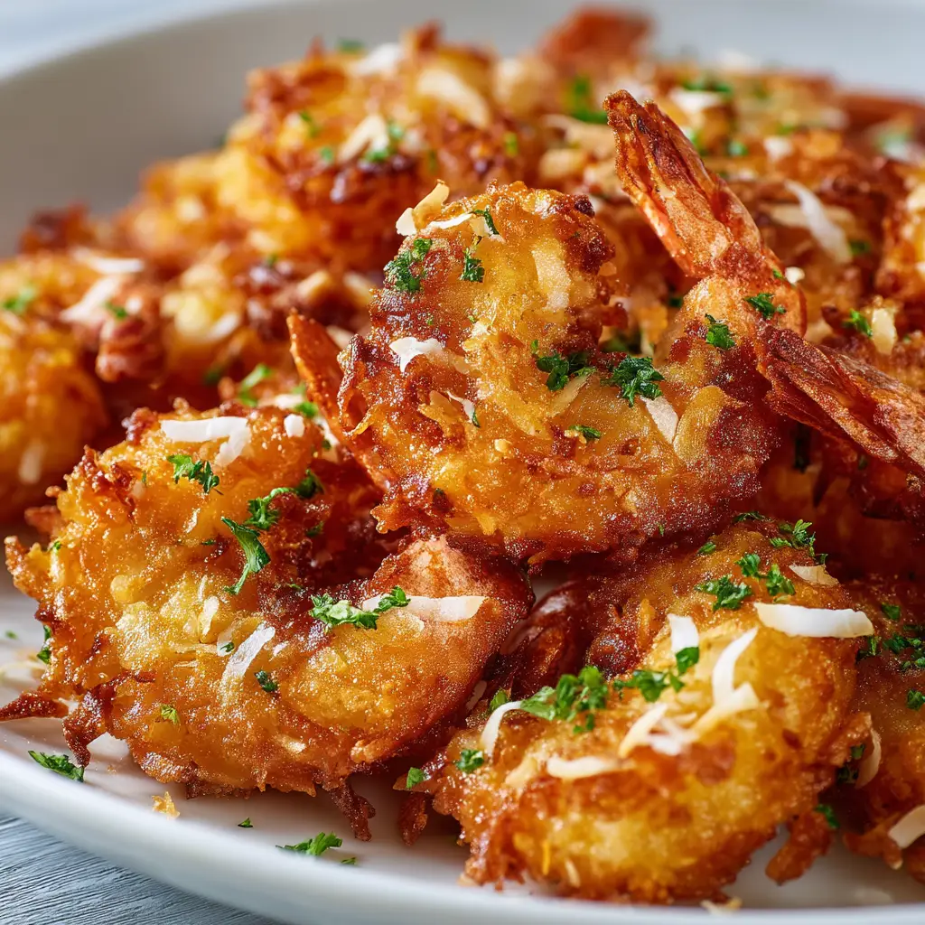 Coconut Shrimp Recipe (The Crispiest You'll Ever Make!) 1 A platter of homemade coconut shrimp ready for serving. This showcases a full batch made from this easy shrimp recipe, emphasizing its suitability for appetizers or a main course.