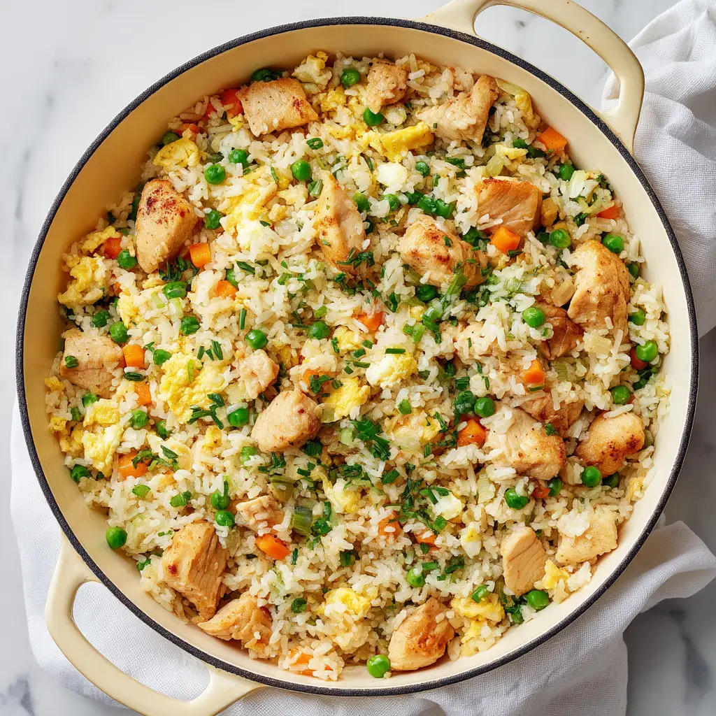 A top-down close-up shot of freshly made gluten-free chicken fried rice in a large skillet, showing all the colorful ingredients.