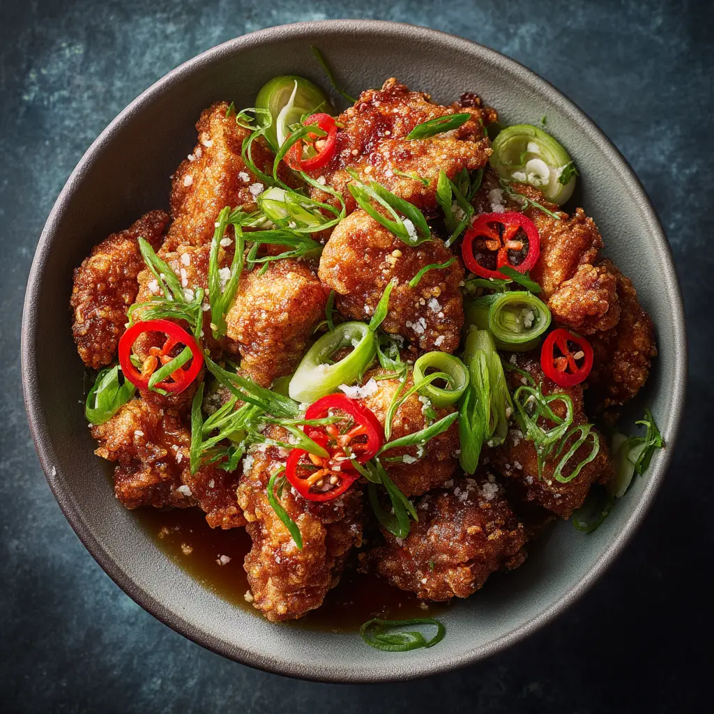 An overhead shot of a finished bowl of Chinese salt and pepper chicken, tossed with vibrant red chilies, diced peppers, and green onions.