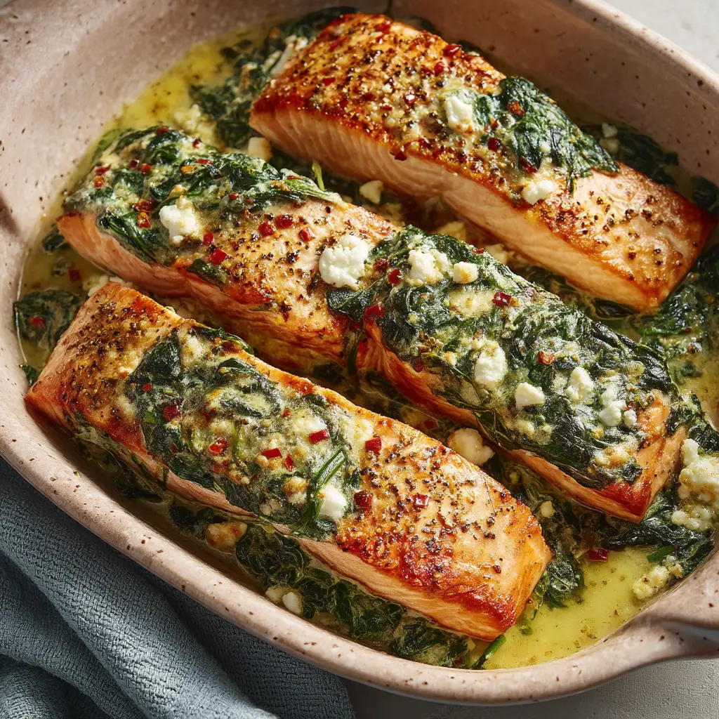 Step-by-step preparation of baked stuffed salmon, showing a fillet being filled with the spinach and cream cheese mixture.