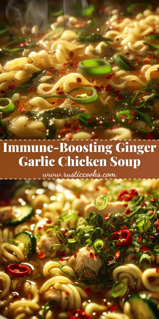 A comforting bowl of immune-boosting chicken noodle soup, with chunks of chicken, vegetables, and noodles in a golden broth, garnished with fresh herbs.