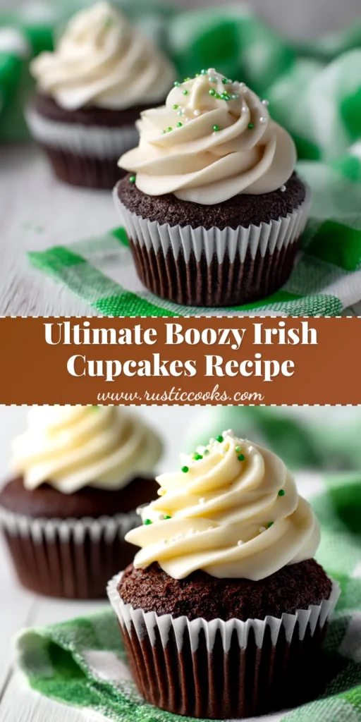 A close-up of decadent Irish cupcakes with a rich Guinness chocolate base and a generous swirl of creamy Baileys Irish Cream frosting, garnished with chocolate shavings for St. Patrick's Day.