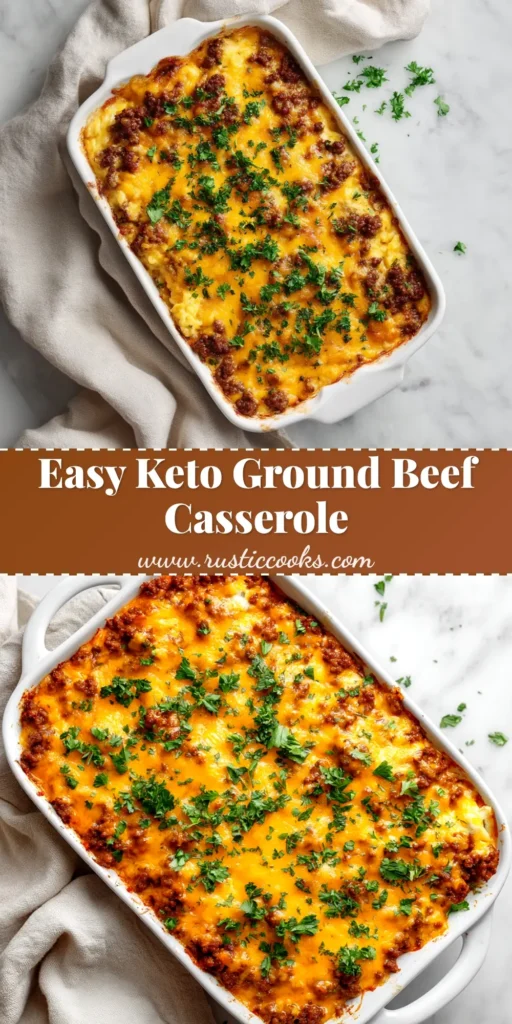 Keto Ground Beef Casserole (Easy, Cheesy, & Delicious!) 3 A delicious and easy Keto Ground Beef Casserole in a white baking dish, topped with melted cheese and fresh parsley.