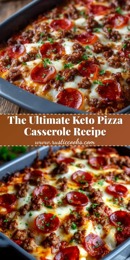 A delicious Keto Pizza Casserole in a white baking dish, topped with melted mozzarella and crispy pepperoni. This easy low-carb recipe is perfect for a family dinner.
