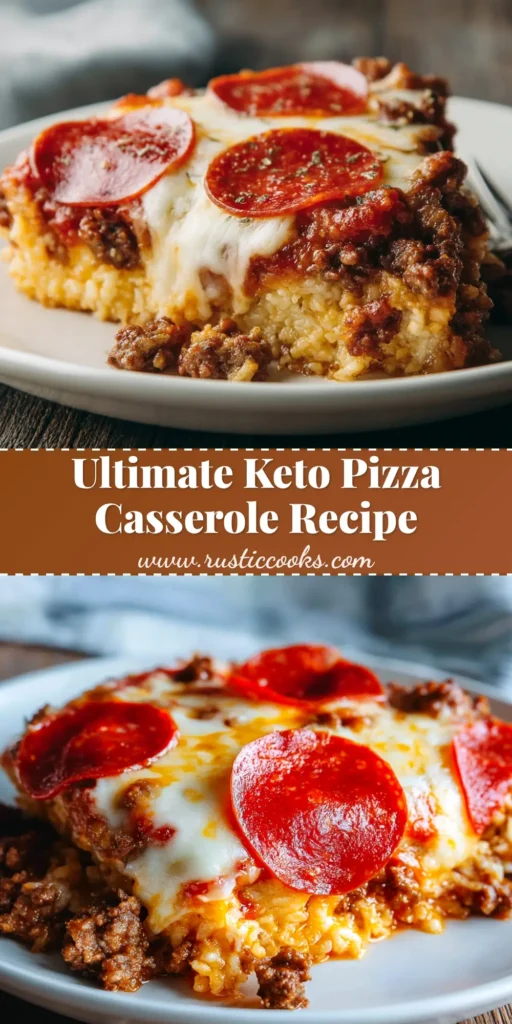 A delicious and cheesy Keto Pizza Casserole in a white baking dish, ready to be served. The perfect low-carb dinner idea.