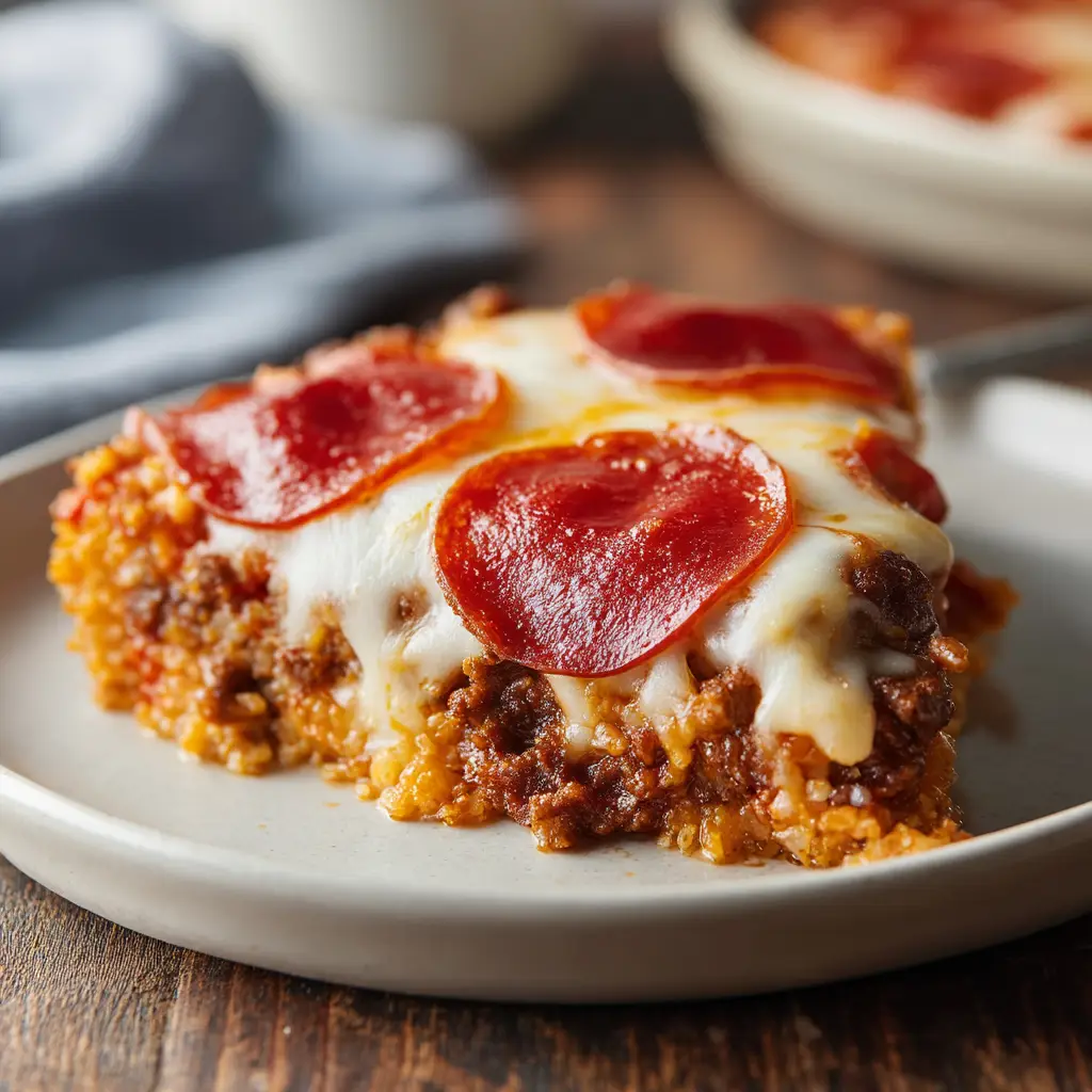 A close-up shot of a serving of low-carb pizza casserole, showing the layers of ground beef, sauce, and melted cheese.