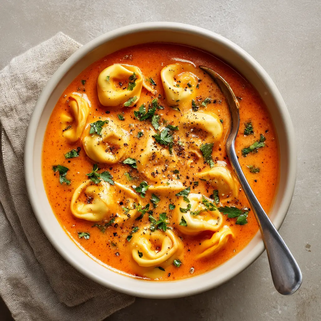 A pot of creamy tortellini soup simmering on a stovetop. Ingredients like cheese tortellini and fresh spinach are being stirred into the creamy tomato base.