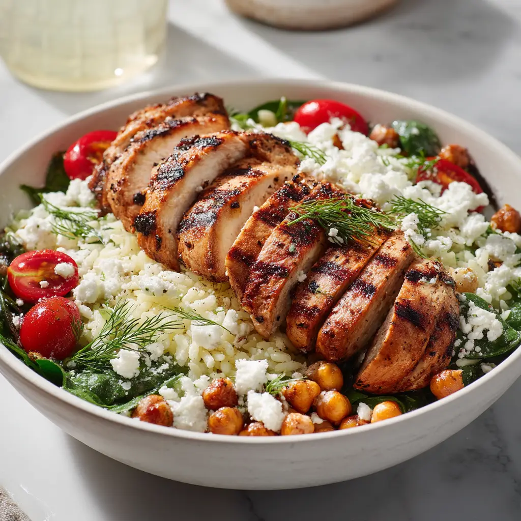 The one-pan Greek chicken and lemon rice cooking in a cast-iron skillet before going into the oven. The marinated chicken is nestled into the rice and broth.