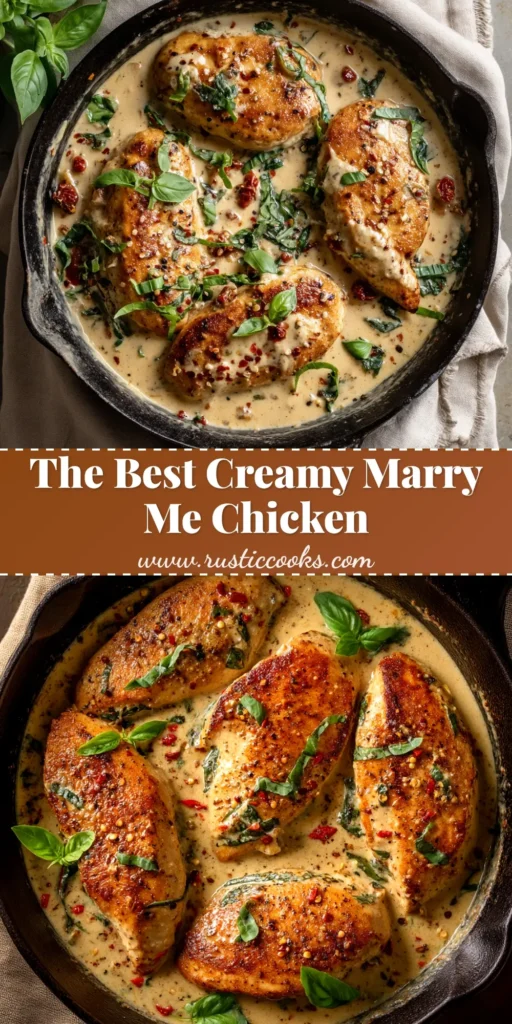 A close-up overhead shot of the finished Marry Me Chicken Recipe in a cast-iron skillet, showing the creamy sun-dried tomato sauce and garnished with fresh basil.