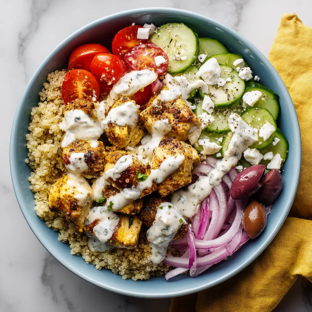 An overhead view of four Mediterranean diet recipe bowls being assembled, perfect for a family dinner or meal prep.