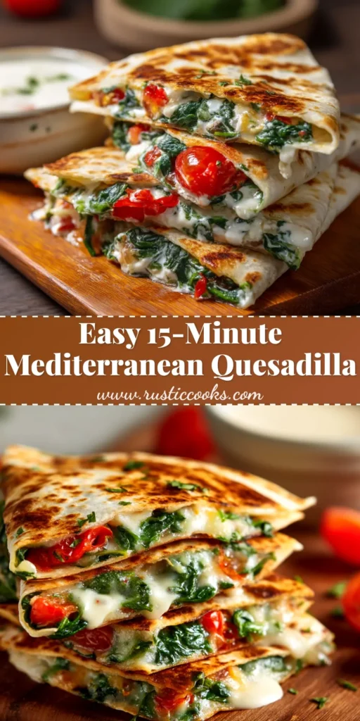 Mediterranean Quesadilla: A Quick & Flavorful Recipe 3 An overhead shot of a delicious Mediterranean quesadilla cut into wedges, revealing a filling of spinach, feta, and chicken. A side of tzatziki is nearby.