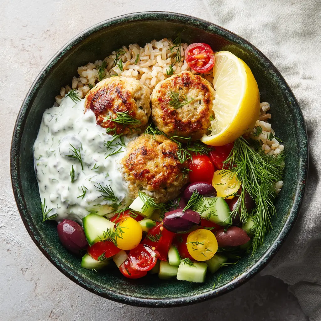 Greek Turkey Meatball Bowls: A Quick & Healthy Meal 1 A fully assembled Mediterranean bowl with lean turkey meatballs, quinoa, and a generous drizzle of homemade tzatziki sauce.