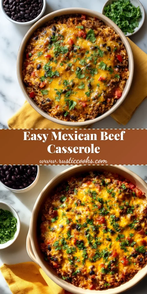 Mexican Ground Beef Casserole (The Ultimate Cheesy Recipe!) 4 A delicious Mexican Ground Beef Casserole in a white baking dish, topped with melted cheese and fresh cilantro. The perfect easy weeknight dinner recipe.