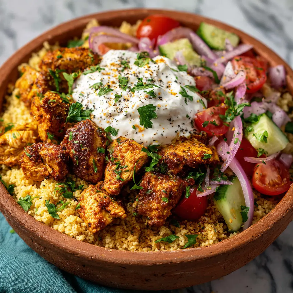 A close-up view of the Moroccan chicken and chickpea stew being served over a bed of fluffy couscous. The rich, savory sauce and tender ingredients are highlighted, showcasing the texture of this healthy couscous bowl.