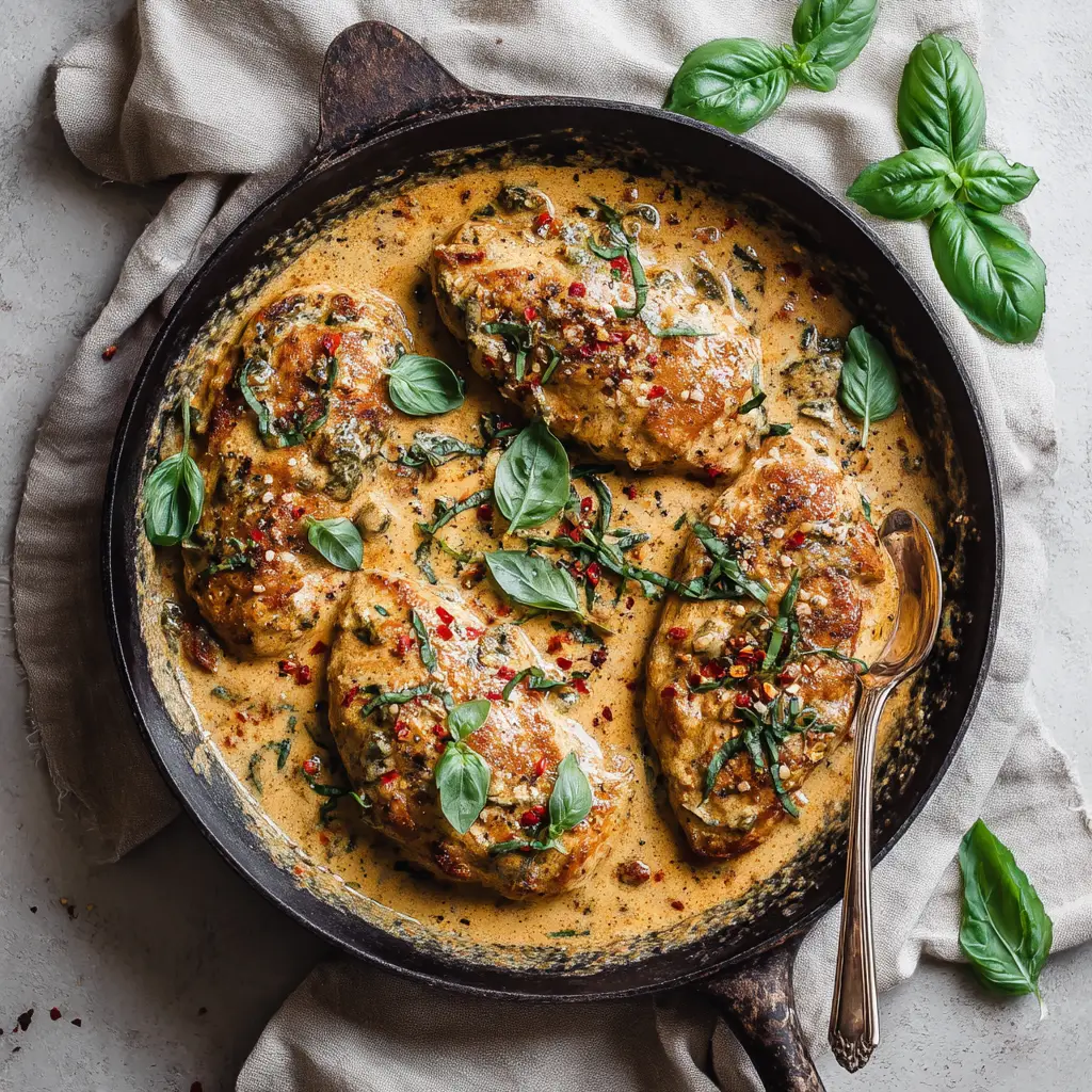 A skillet of creamy one-pan chicken with sun-dried tomatoes being prepared on a rustic wooden surface, highlighting the fresh ingredients.