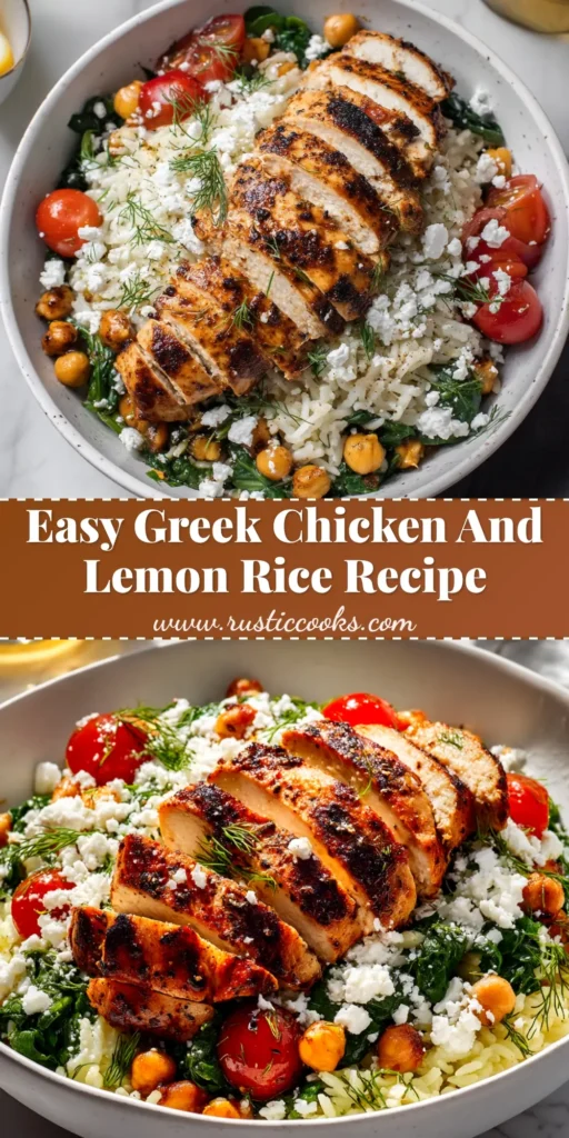 A large white serving platter filled with one-pan Greek chicken and lemon rice, garnished with fresh dill and lemon slices. A serving spoon rests in the dish.