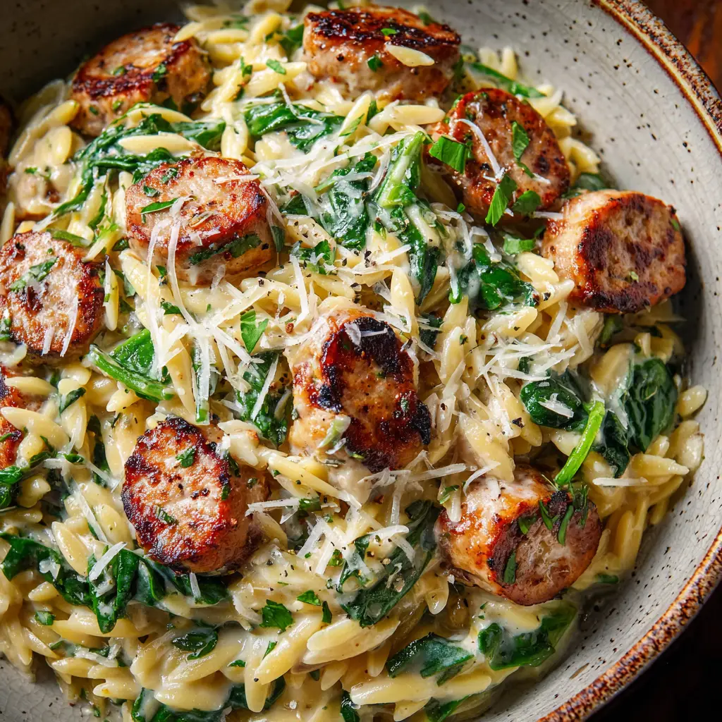 A spoonful of the one-pan sausage and orzo skillet being lifted from a bowl, highlighting the creamy sauce and ingredients.
