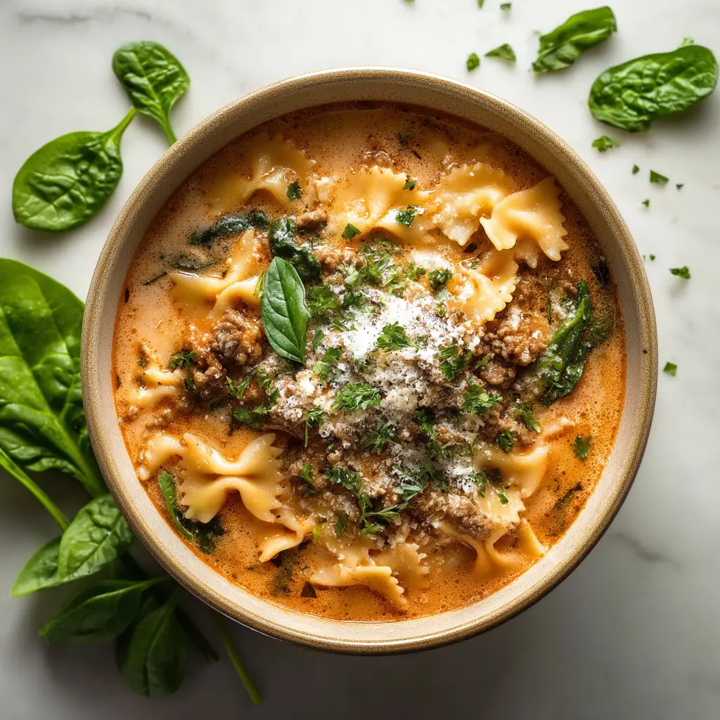 An overhead view of a bowl of one-pot lasagna soup, with a spoon dipping in to show the pasta, meat, and creamy broth. A side of crusty bread is visible.