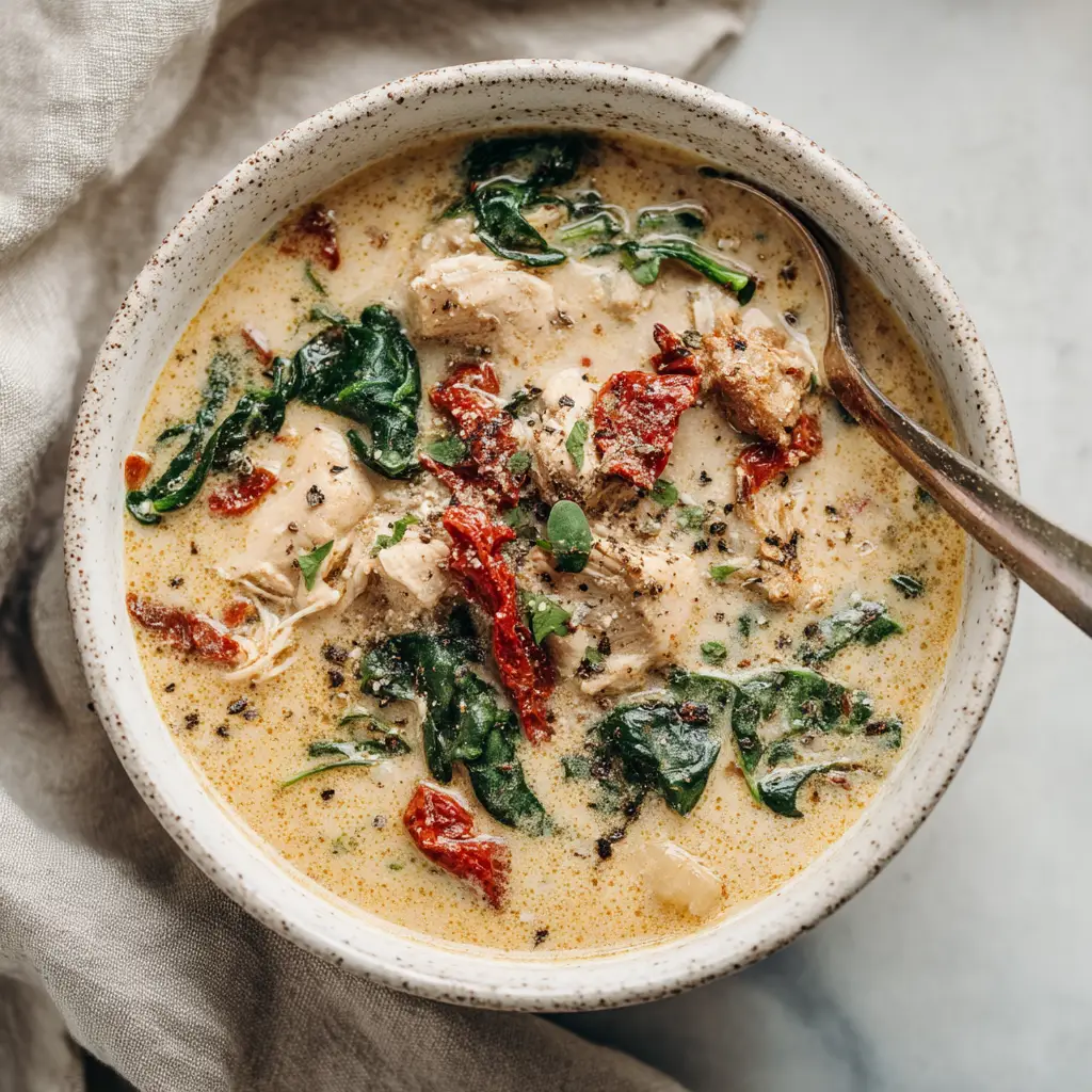 A spoonful of creamy chicken orzo soup being lifted from a bowl, highlighting the tender chicken, orzo, and spinach.