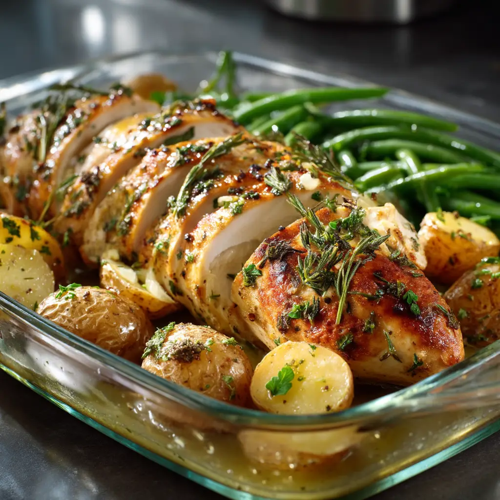 A baking dish with whole herb-baked chicken breasts fresh out of the oven, with a golden, crisp coating of herbs and garlic.