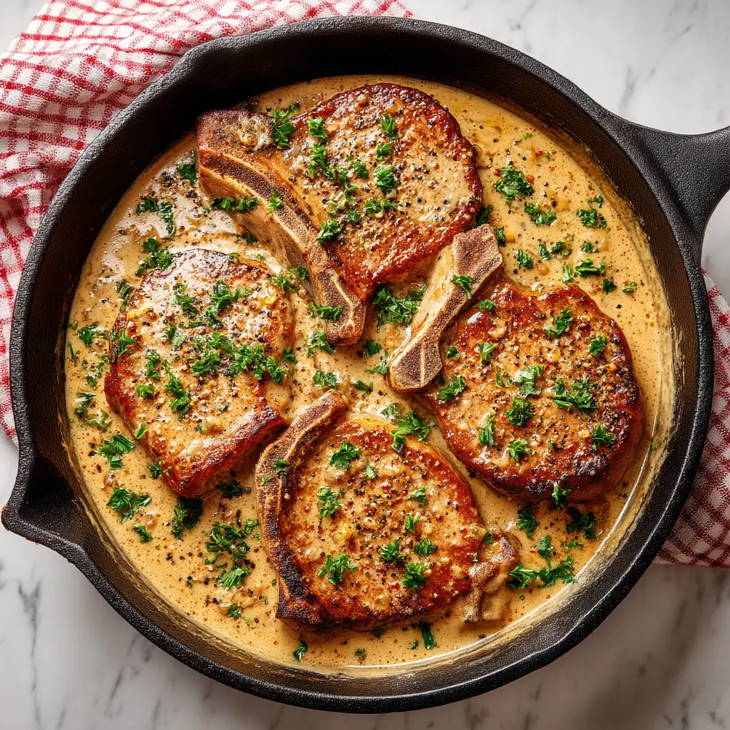 Four perfectly seared, bone-in pork chops simmering in a luscious garlic cream sauce in a cast-iron skillet. The easy pork chop recipe is almost complete.