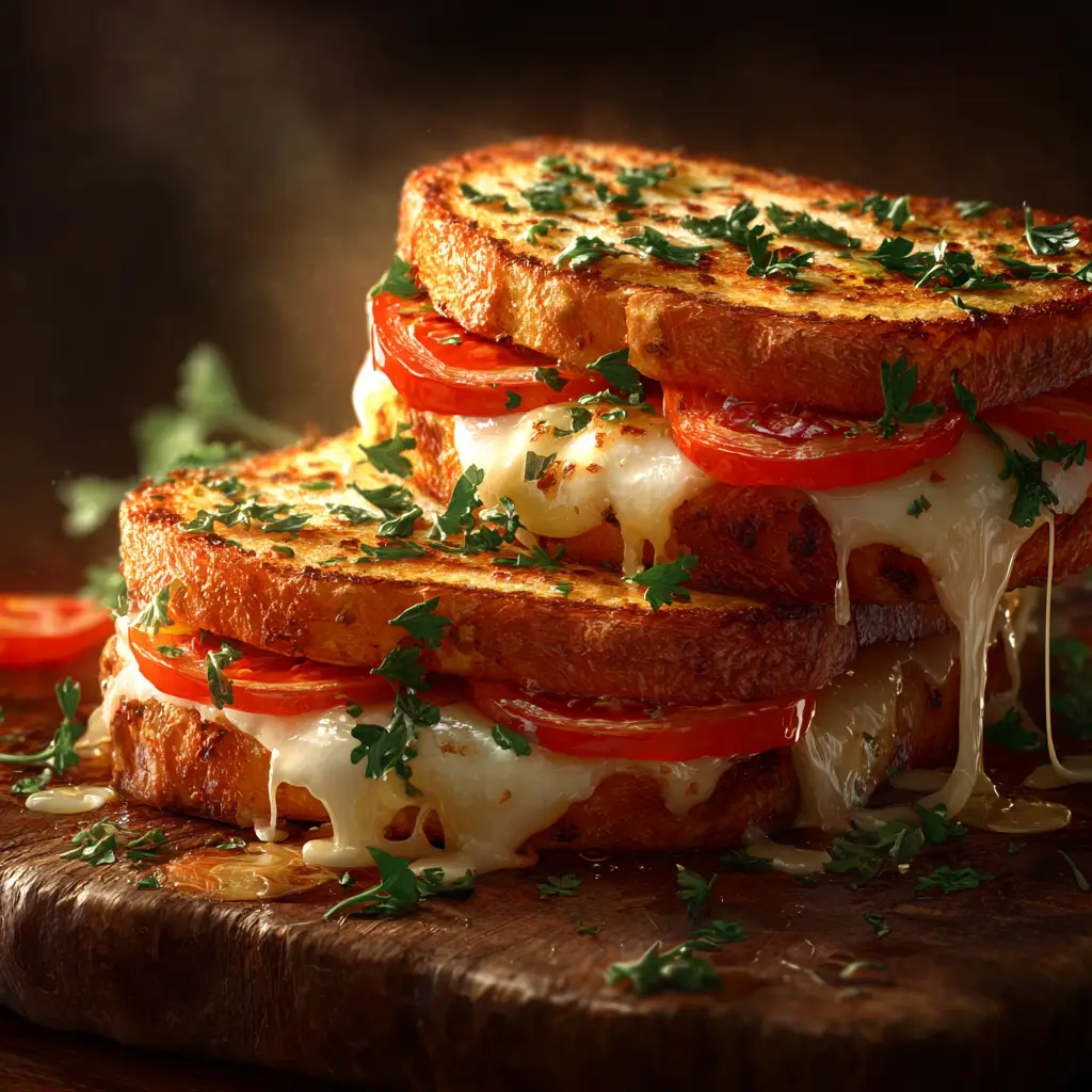 A close-up shot of the inside of a pepperoni pizza grilled cheese, with melted mozzarella and layers of pepperoni visible.